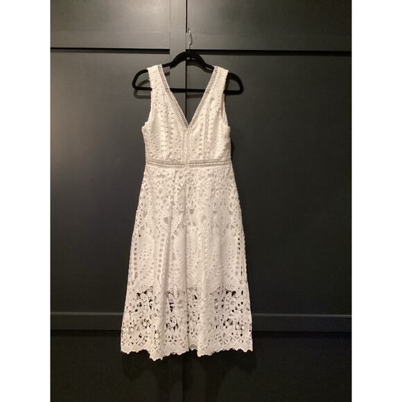 Boston Proper mixed media white lace crochet eyelet v neck sleeveless midi dress - Picture 2 of 8